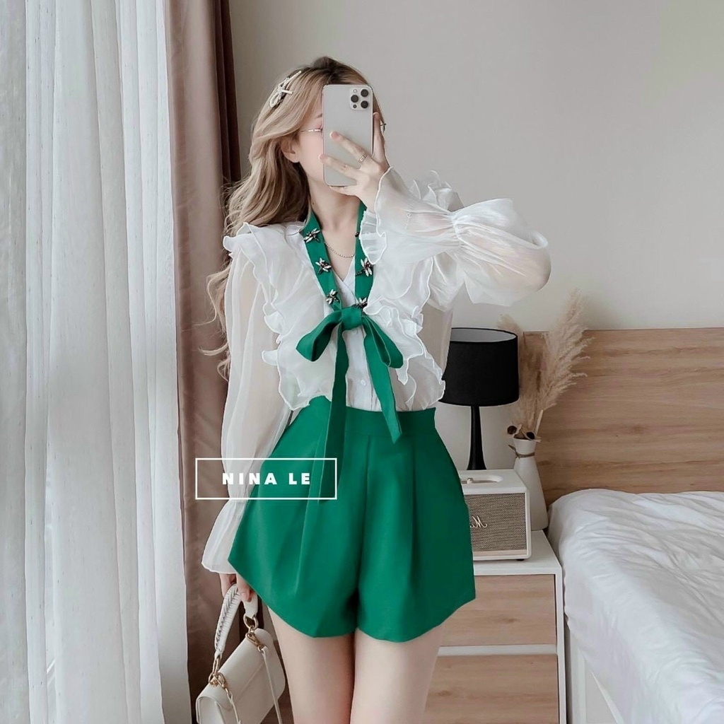 Sét bộ thời trang nữ mặc đi chơi áo chất voan tơ kèm lót tay bèo dài mix quần cotton lạnh xanh và đen