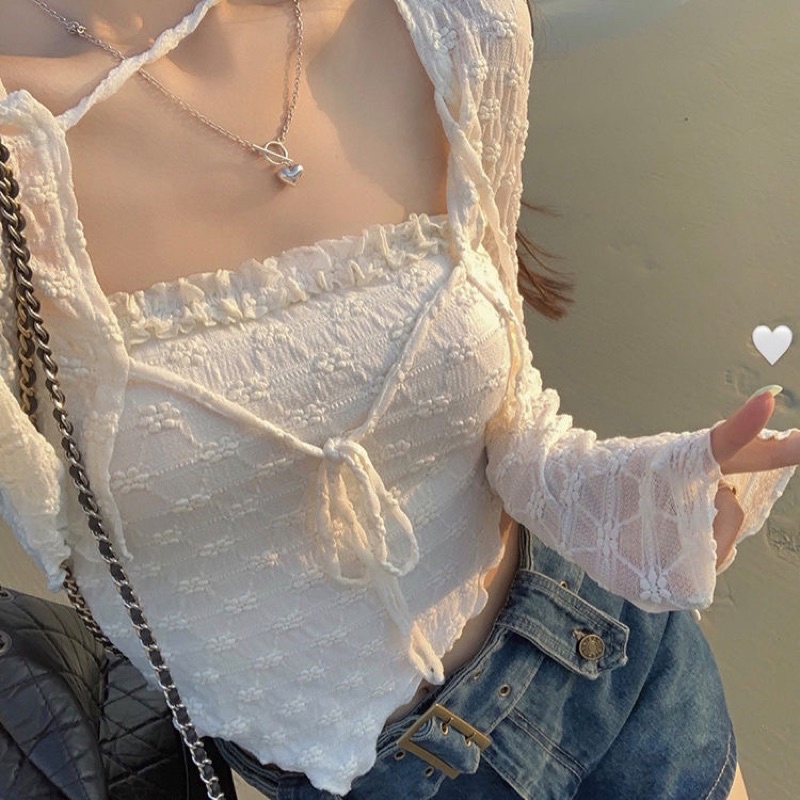FREESHIP SET ÁO HAI DÂY CADIGAN TRẮNG LEN MỎNG SEXY CROTOP