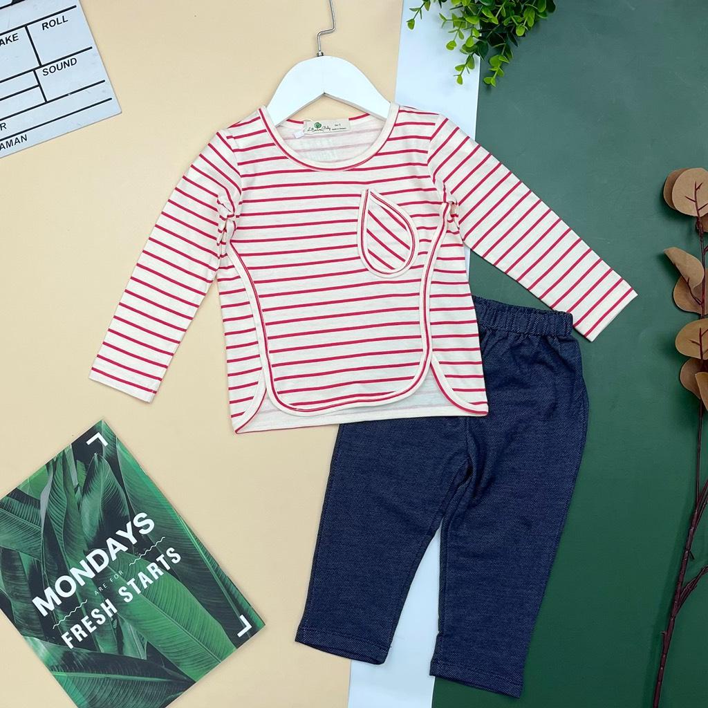 Bộ thu đông bé gái LITIBABY, áo kẻ quần giả jean, size 1/5T
