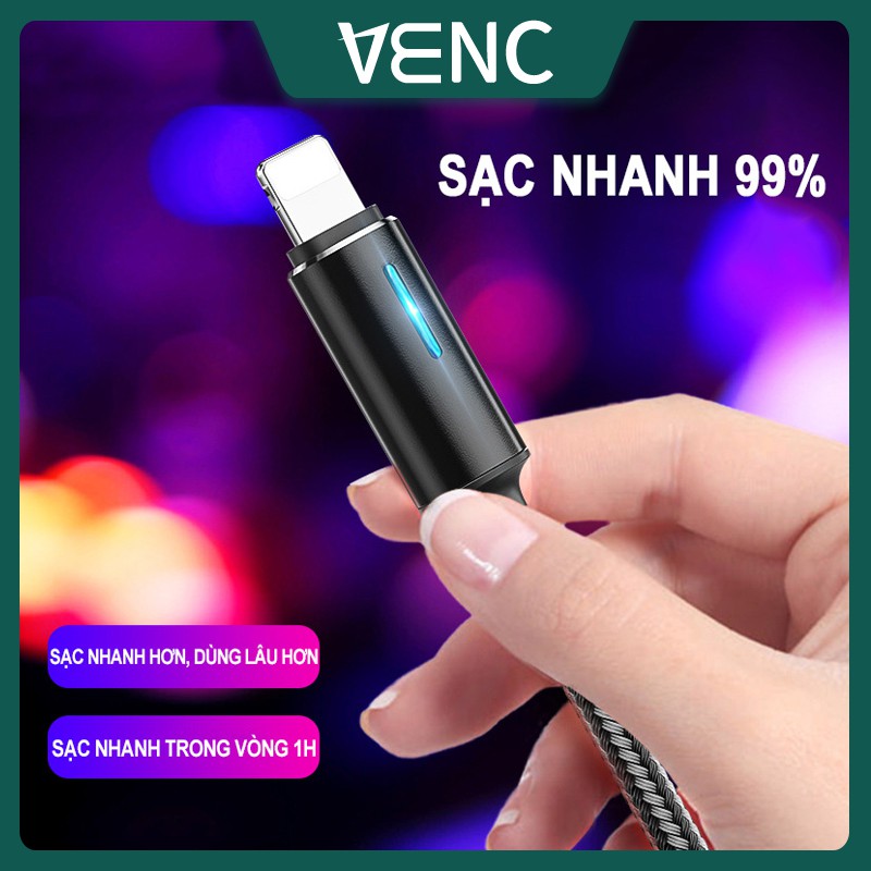 Dây cáp sạc dây dù, hiển thị đèn led,sạc nhanh, tương thích điện thoại android,type-c, iphone.
