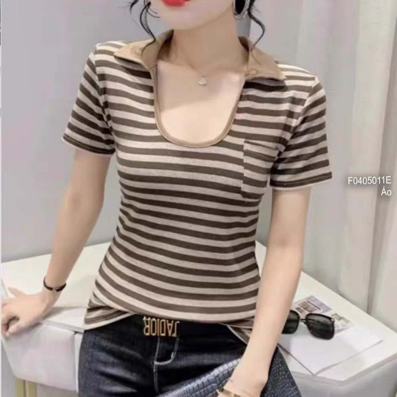 Áo len sọc cổ bẻ xẻ U một túi tay ngắn hàng Quảng Châu 0405