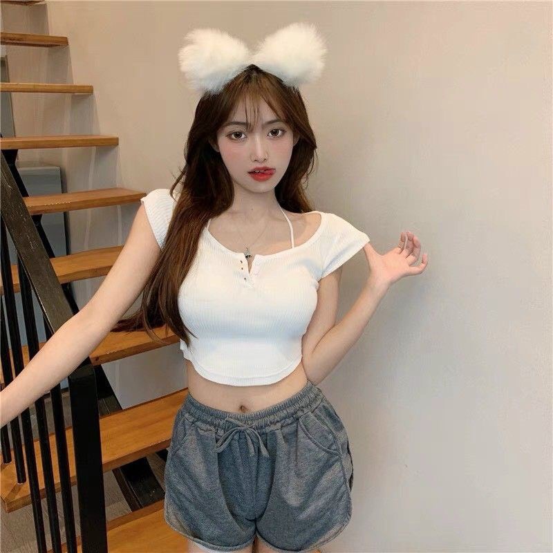 Áo croptop GINA giả yếm khoét eo vạt bầu Freesize Dưới 52kg MC25