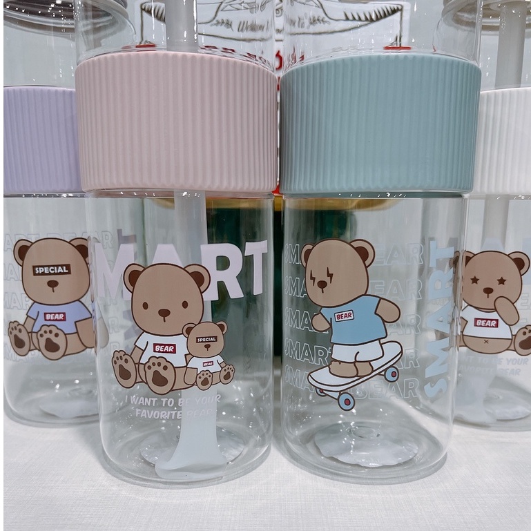 Bình nước nhựa 1100ml có ống hút họa tiết gấu đáng yêu màu sắc nhẹ nhàng, Bình đựng nước cute kèm sticker 2D _TingTing