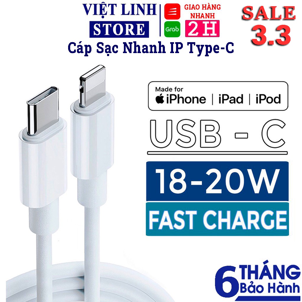 Dây cáp sạc iPhone sạc nhanh PD 20w 18w, dành cho iphone 11/11 promax, Ipad, iPhone - Hàng chính hãng - Việt Linh Store