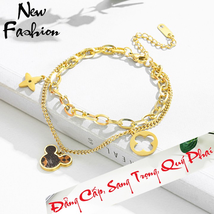 Lắc tay titan cao cấp 2 tầng hình chuột rớt hoa 4 cánh siêu đẹp, bền màu, hợp thời trang mang cá tính độc đáo