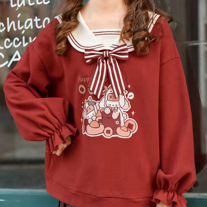 Áo sweater Cổ Thủy Thủ Lót Nhung Mềm Mại In Họa Tiết Hoạt Hình Đáng Yêu Thời Trang Thu Đông Cho Nữ