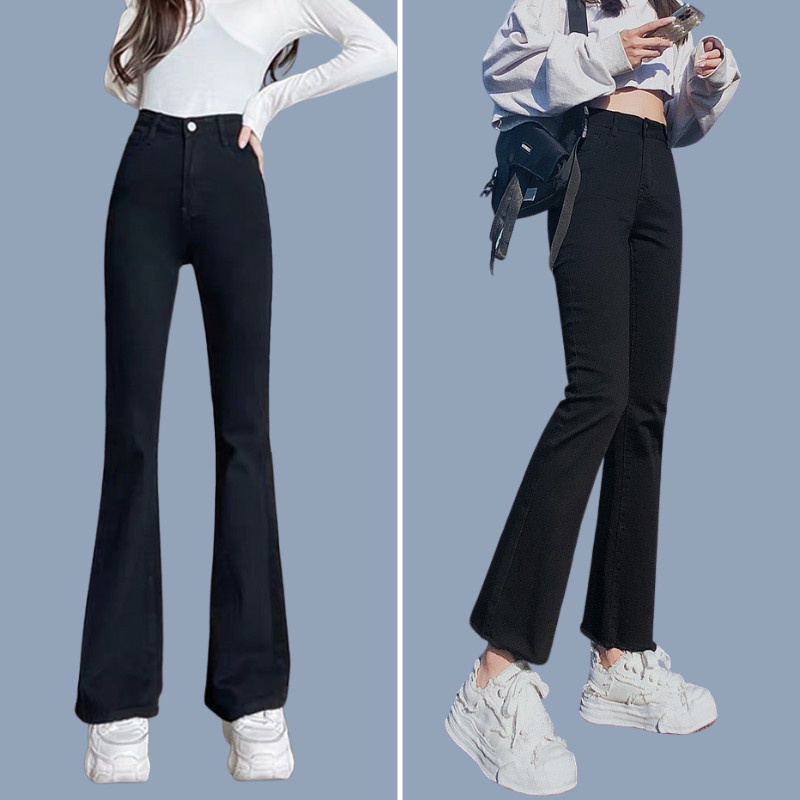Quần Jeans Co Giãn Ống Loe Cạp Cao Màu Đen Cao Cấp | Tdshopnt Q21