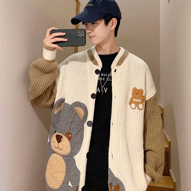 Áo Sweater Tay Dài Dáng Rộng Thêu Hình Gấu Dễ Thương Thời Trang Cho Nam