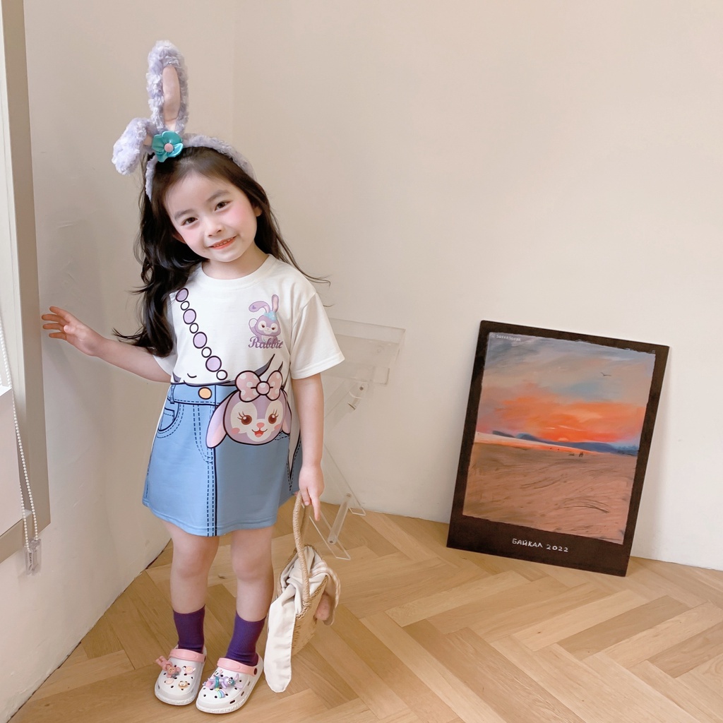 Aiyaya Váy Bé Gái Váy Hoạt Hình Giả Hai Mảnh Denim Váy Thời Trang Trẻ Em（0187）