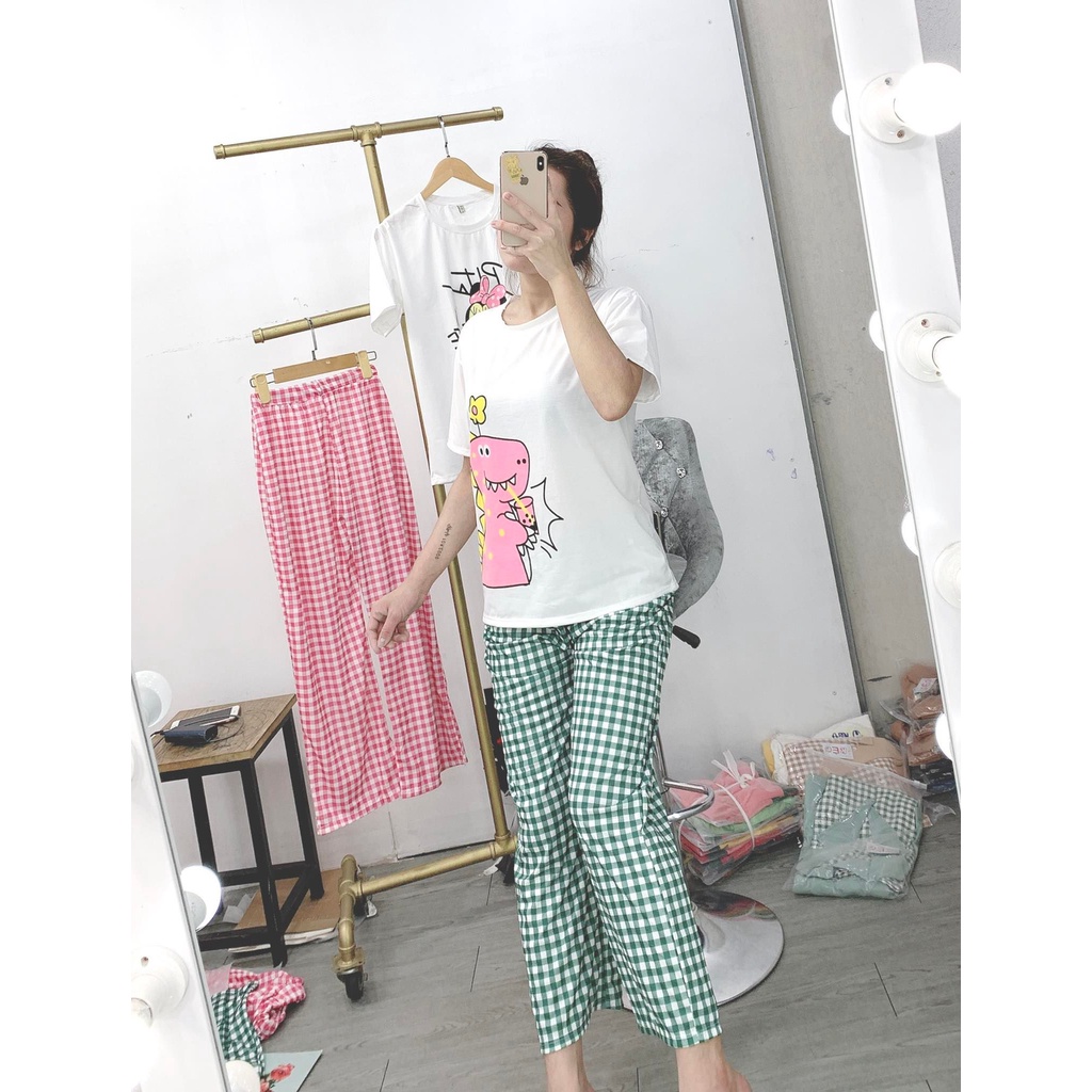 Set áo thun quần ống rộng sọc caro cho nữ mặc nhà, mặc đi chơi cực phong cách