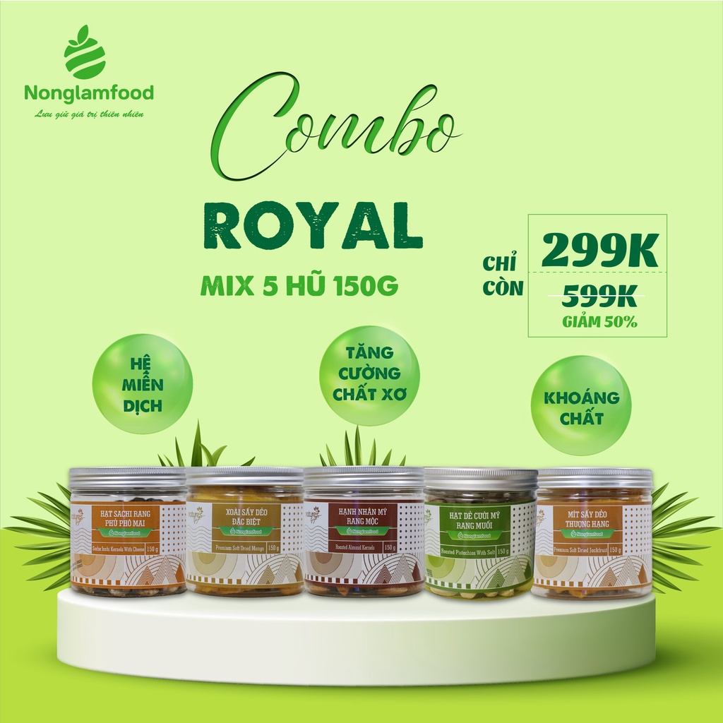 [Combo Royal Mix 5 hũ 150g] Hỗn hợp trái cây sấy và hạt dinh dưỡng thượng hạng Nonglamfood | Tăng cường chất xơ