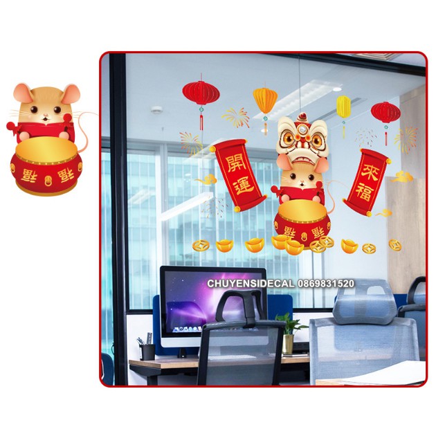 Decal dán Tết - Chuột đánh trống Múa Lân bảng hỷ