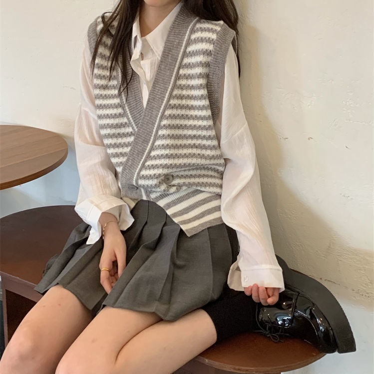 Áo Cardigan Dệt Kim Cổ Tròn Kẻ Sọc Caro Phong Cách Hàn Quốc Thời Trang Cho Nữ 3 Màu Tùy Chọn