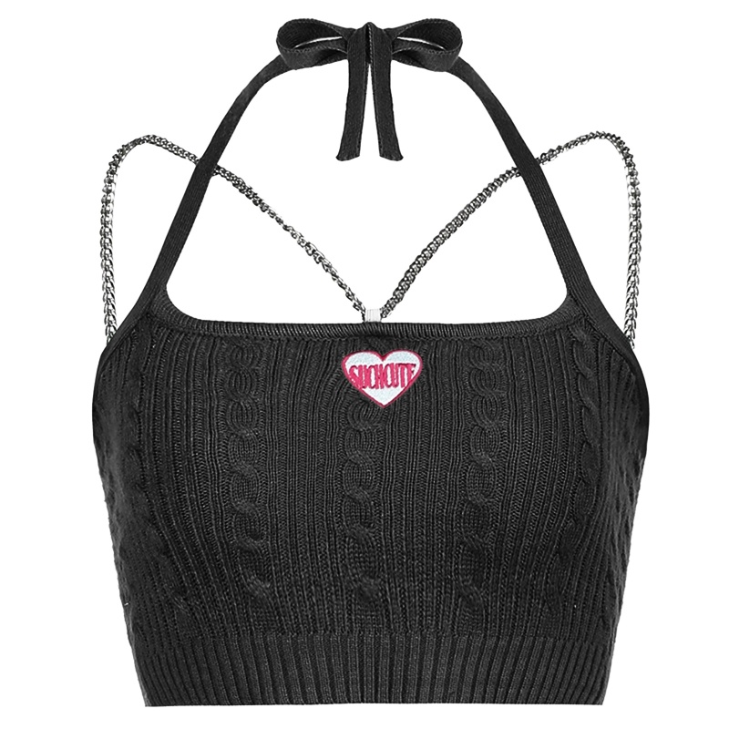 Áo Croptop Dệt Kim Hai Dây Thêu Họa Tiết Trái Tim Phong Cách Harajuku Quyến Rũ Cho Nữ