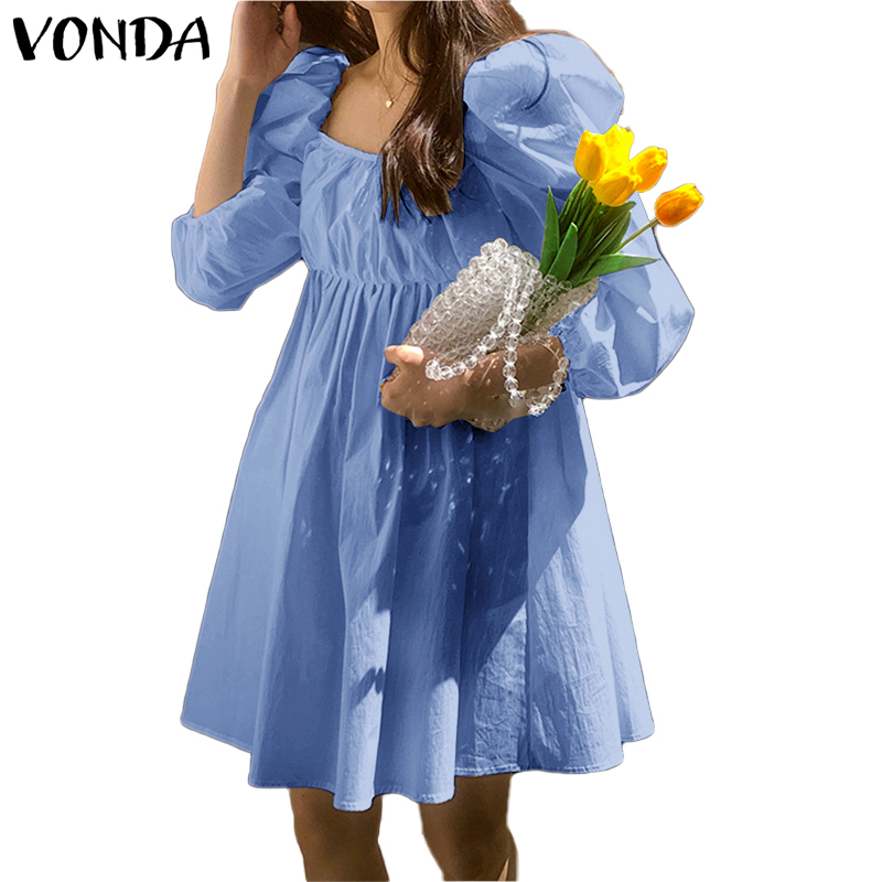 VONDA Women Korean Summer 3/4 Puff Sleeve U Neckline Loose Pleated Tunic Dress