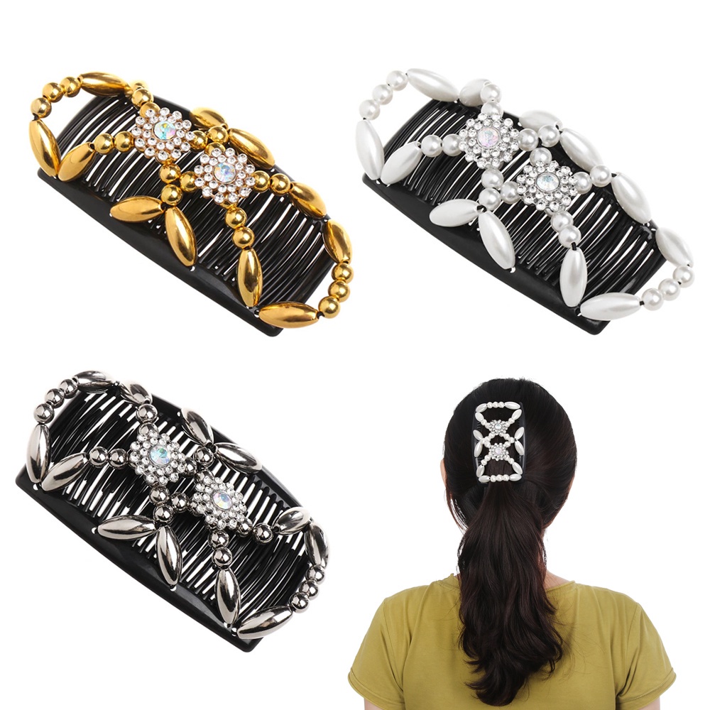 Lược Cài Tóc Hai Đầu Co Giãn Đính Hoa DIY|Kẹp Tóc Đính Hạt Tạo Kiểu Tóc Nhiều Màu Sắc