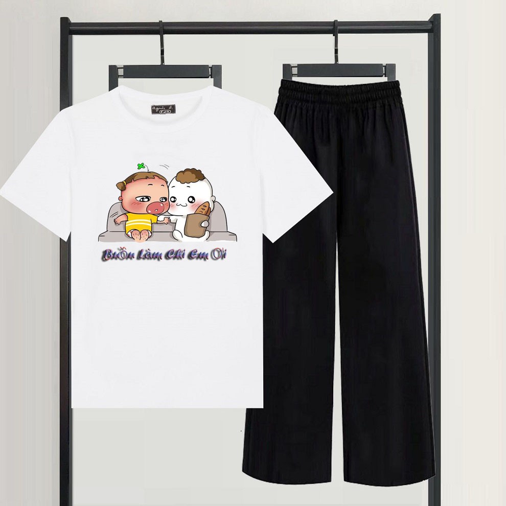 Set Bộ Đồ Nam Nữ Mùa Hè Trẻ Trung Mặc Đi Chơi Đi Học,Áo Phông Cotton In Buồn Làm Chi Em Ơi Kèm Quần Thô Dài Kẻ Soc