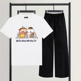 Sét Quần Áo Nữ Ngắn Tay Mặc Đi Chơi, Áo Cotton In 3D Buồn Làm Chi Em Ơi Kèm Quần Ống Rộng Thun Và Kẻ Phong Cách