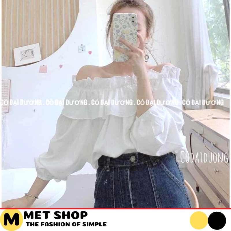 Áo trễ vai tay dài, áo bánh bèo viền tầng form suông đẹp. MET SHOP 1989