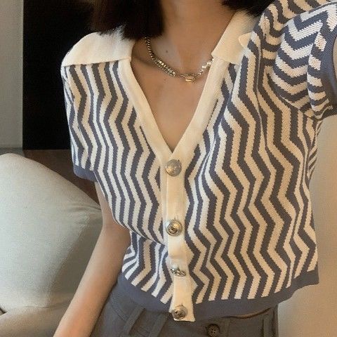 Áo Cardigan Dệt Kim Mỏng Cổ Polo Tay Ngắn Họa Tiết Trái Tim Kẻ Sọc Thời Trang Mùa Hè 2022 Cho Nữ