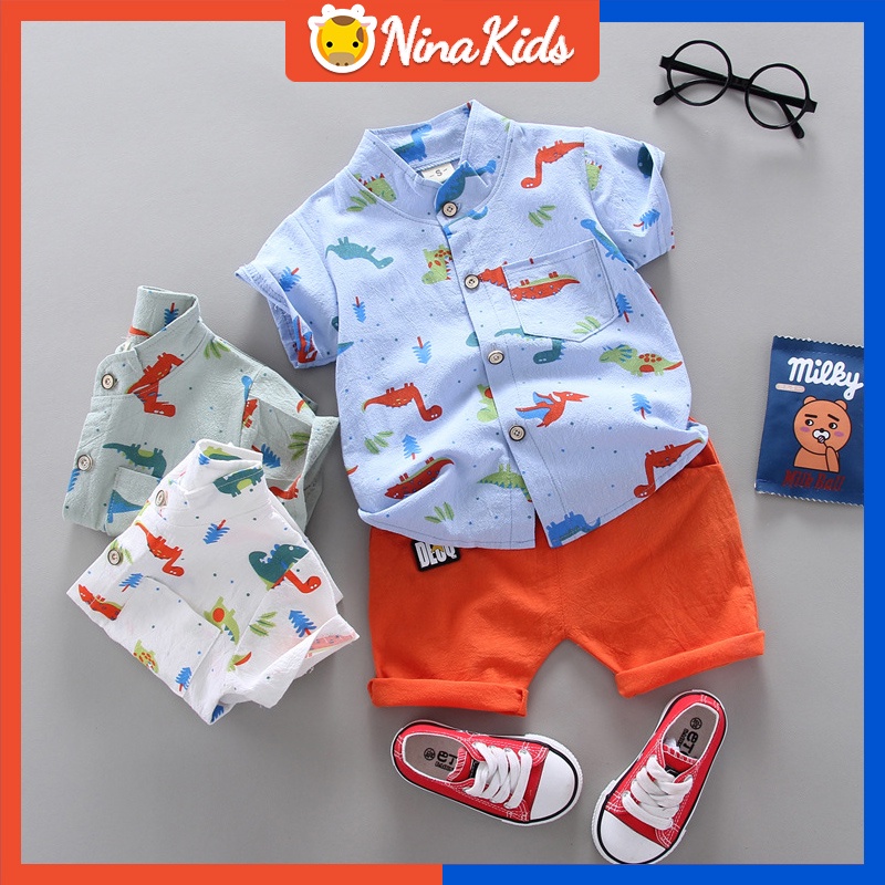 Áo sơ mi tay ngắn cổ đứng hình khủng long và quần ngắn BABEPROUD thời trang mùa hè cho bé trai 1 - 6 tuổi