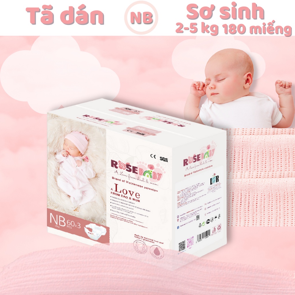 Thùng Bỉm Dán ROSE BABY đủ size NB 180 miếng/ S 168 miếng/ M 156 miếng/ L 144 miếng