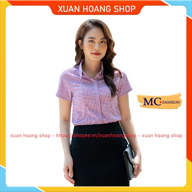 Áo Sơ Mi Nữ Cộc Tay Mc Fashion, Size Đủ, Chất Liệu Vải Lụa, Kẻ Sọc Caro, Màu Xanh, Đỏ, Trắng, Tím Than, Hồng, Đẹp, A652