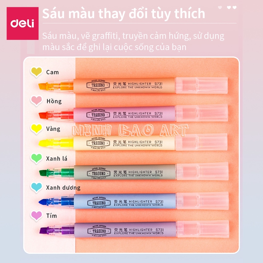 BỘ 6 BÚT HIGHLIGHT DẤU DÒNG DẠ QUANG DELI S624