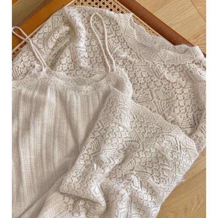 Set áo váy len màu be ZR