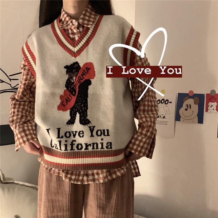 Áo Gile New Girl Student Loose College Knit Pullover V-neck Vest Women