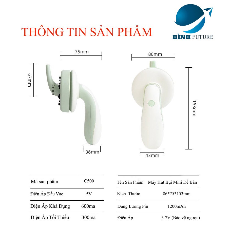 Máy Hút Bụi Mini C500, Máy Quét Dọn Bàn Di Động Không Dây Vệ Sinh Bàn Sofa Ghế Ngồi Thú Cưng Lông Thú Cưng