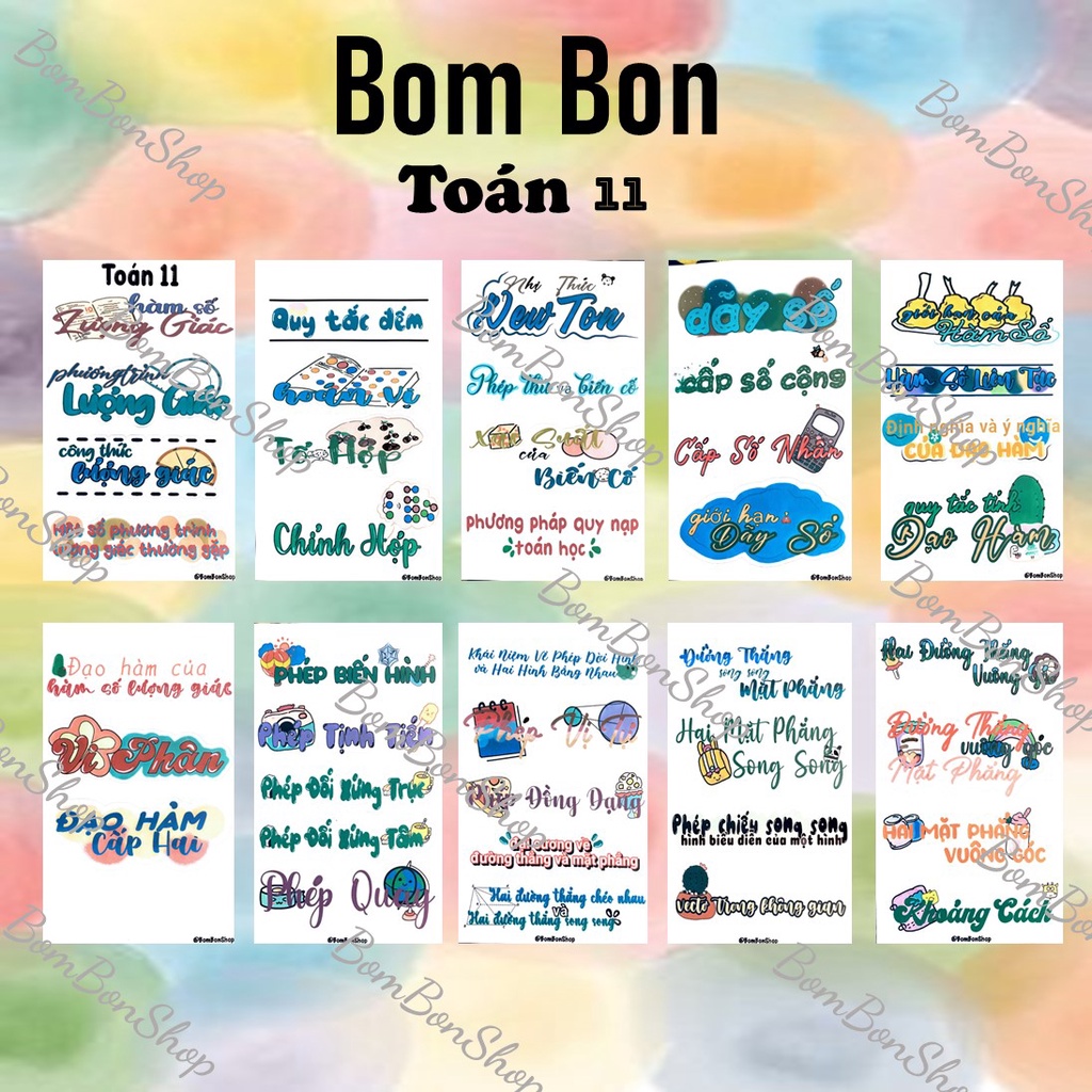 Stiker toán 11, nhãn dán môn học toán học lớp 11 có keo dán. BOMBON Shop