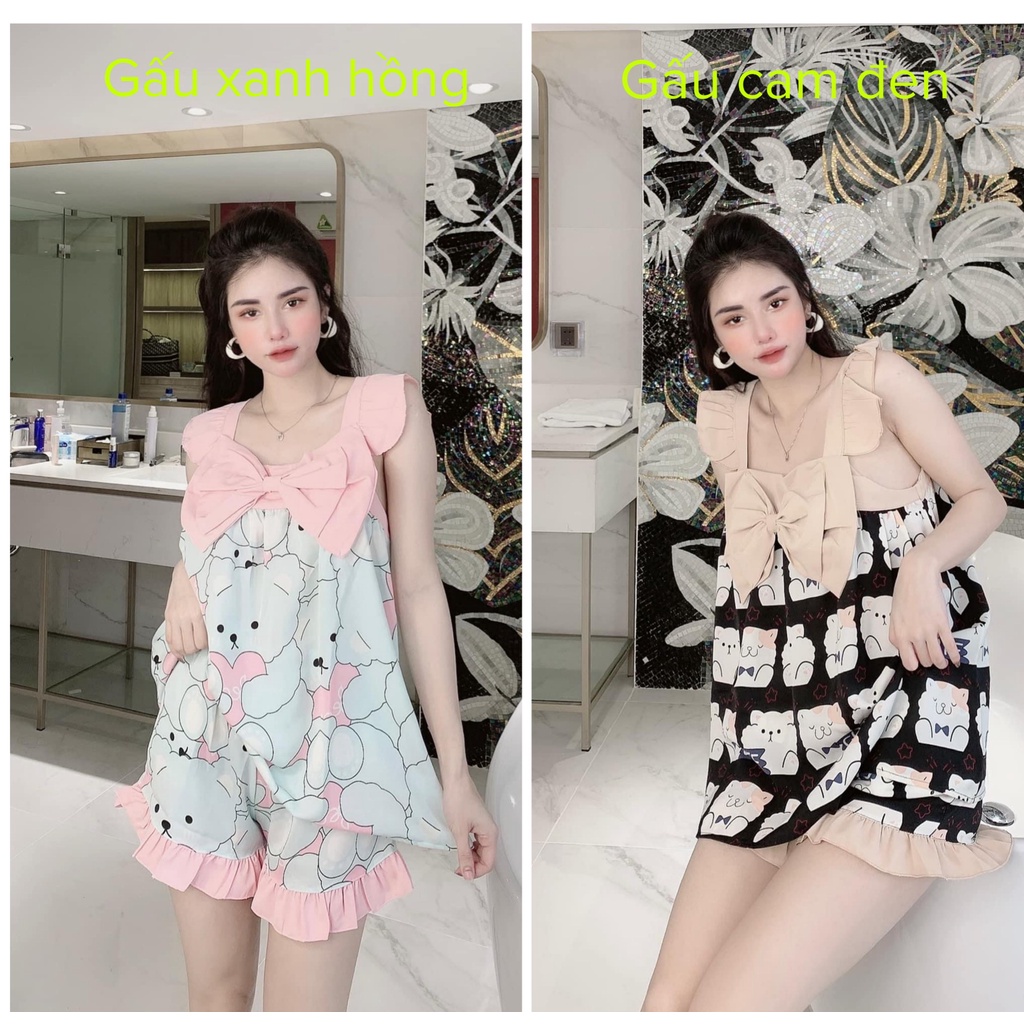 Bộ Đồ Mặc Nhà Đồ Ngủ Nữ Pyjama Bộ Quần Áo Nữ Mùa Hè Hai Dây Lụa Satin Cao Cấp Từ 40-60 kg
