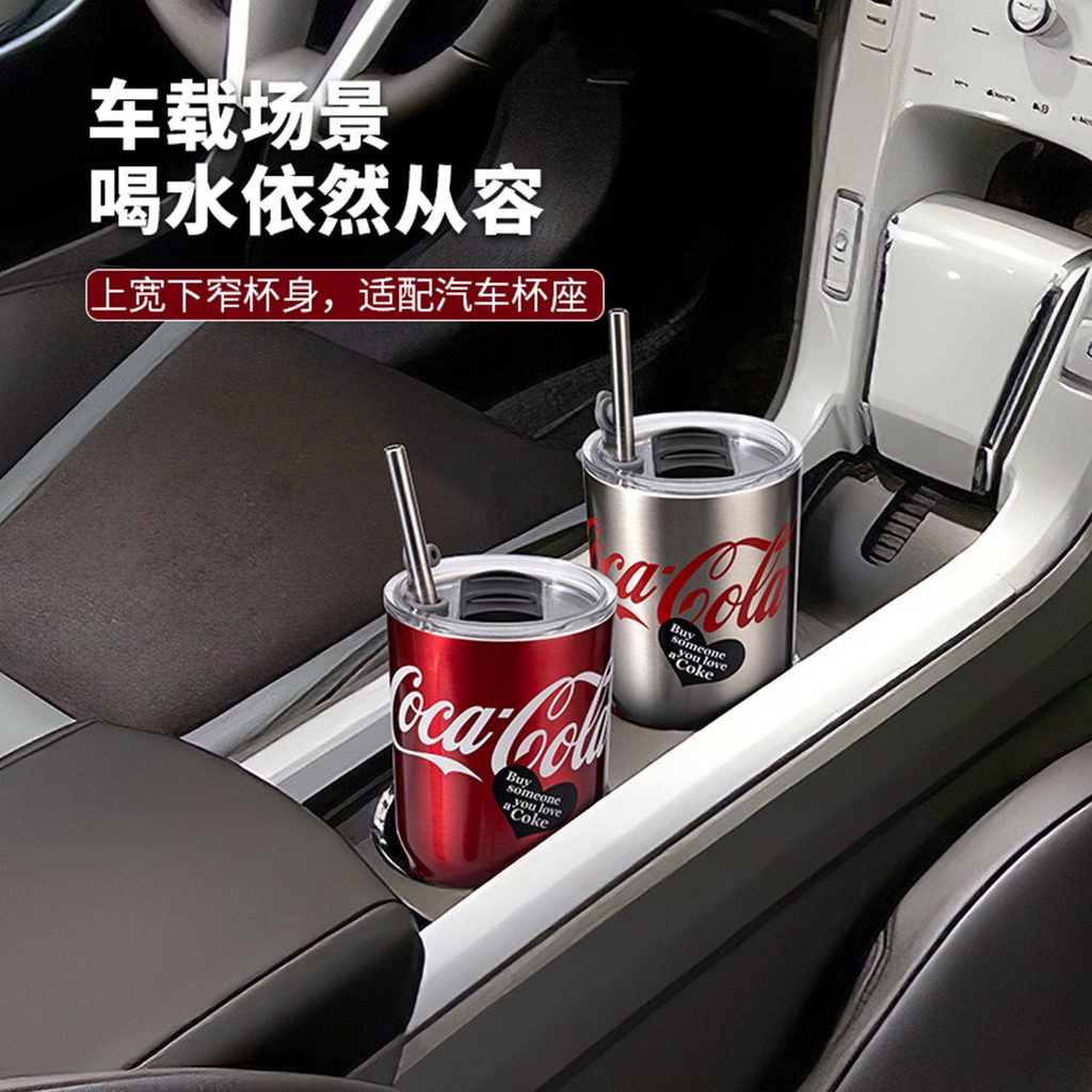 Cốc đựng nước MINISO họa tiết Coca-cola bằng thép không gỉ dung tích lớn kèm ống hút