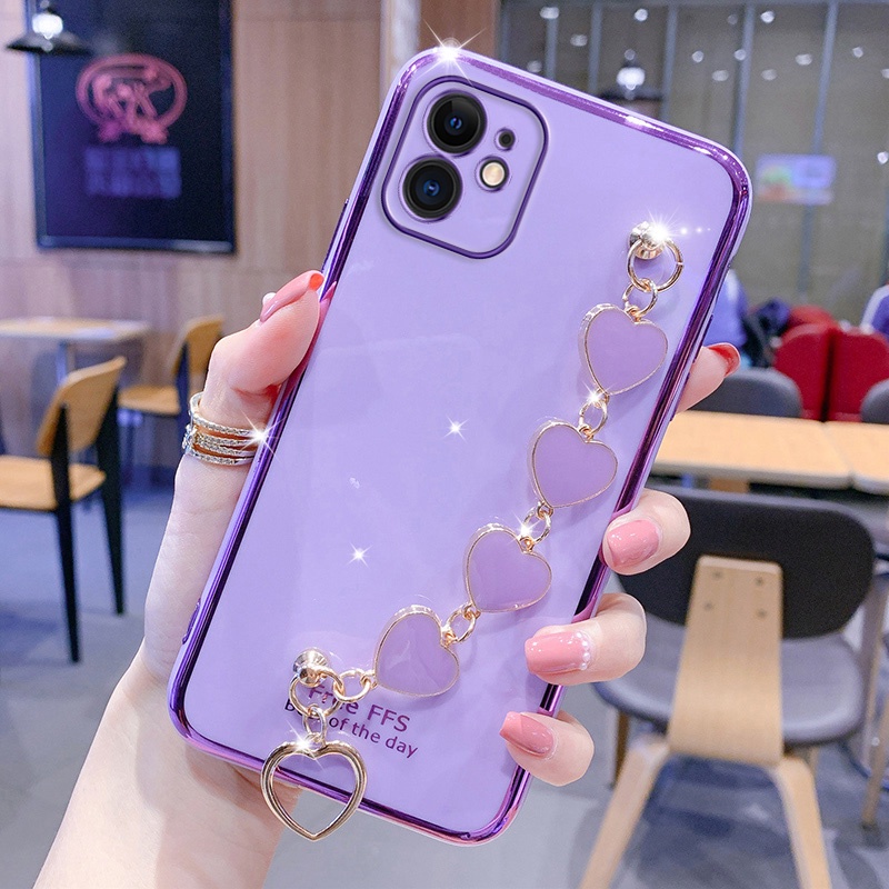 Ốp Điện Thoại Kết Cấu Sang Trọng Có Vòng Tay Trái Tim Cho iPhone 11 12 13 Pro Max 7 Plus 6 Plus 7 8 6S Plus X XS XR Max