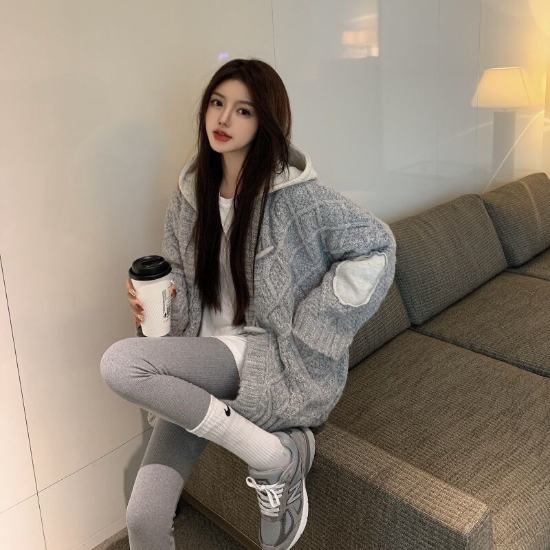 ÁO CARDIGAN LEN CÓ MŨ TRƠN XÁM PHONG CÁCH HÀN QUỐC