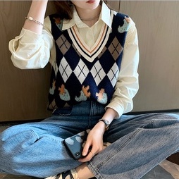 Áo dệt kim ZHELIHANGFEI không tay cổ V họa tiết hình thoi xinh xắn dễ phối đồ