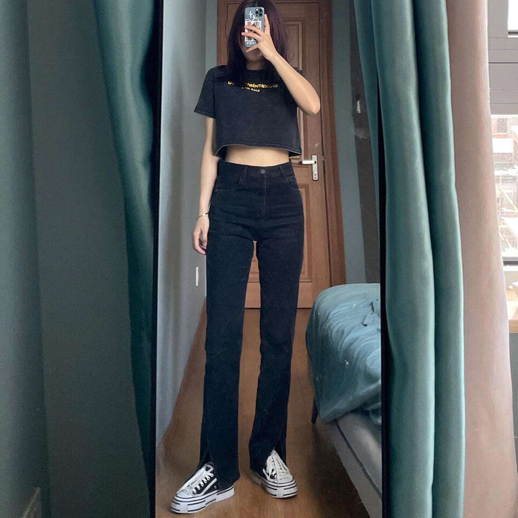 Quần jean đen cạp cao thời trang retro phong cách Hàn Quốc cho nữ