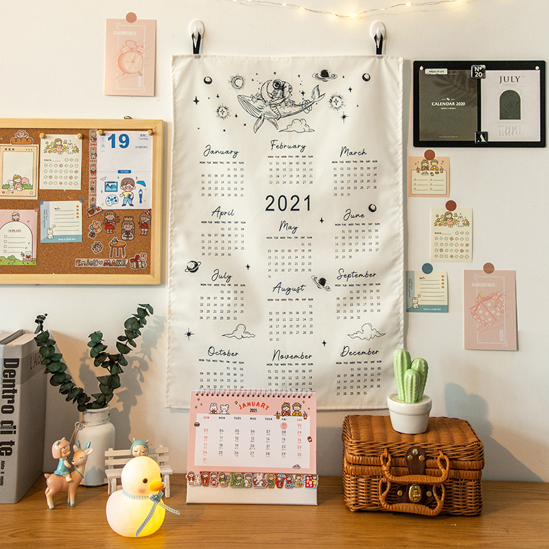 Cute 2021 Calendar Mini Tapestry Hanging Cloth Bedroom Wall Background Decor with 2 Hooks