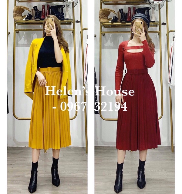 Chân váy xoè dài xếp ly kèm đai | BigBuy360 - bigbuy360.vn