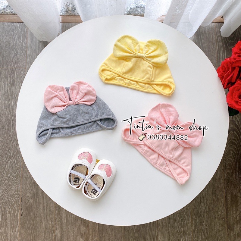Mũ cho bé sơ sinh trùm nơ thỏ cho bé gái hàng QC (0-6M)