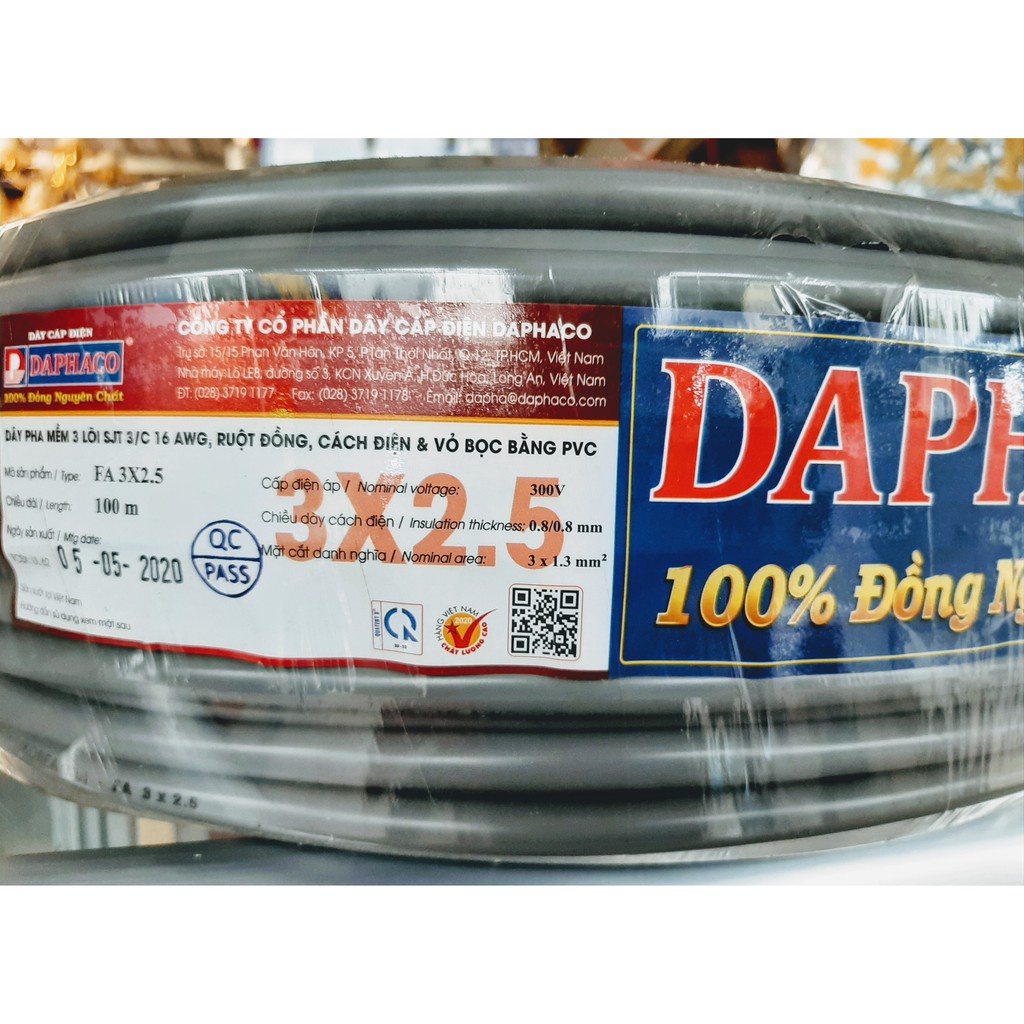 Dây Điện Đôi Bọc 2 Lớp Tròn Xám 3 Lõi 3x1.5mm2 Đến 3x6.0mm2 Daphaco Ruột Đồng Nguyên Chất Chịu Tải Cao