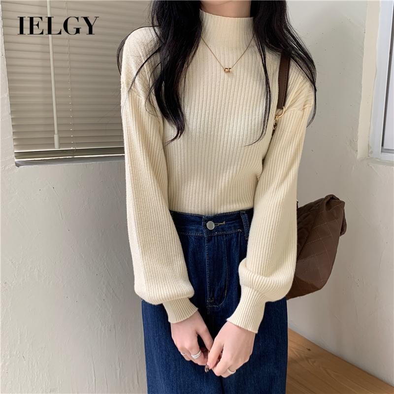 IELGY    Áo sweater Tay Dài Cổ Cao Màu Trơn Thời Trang Cho Nữ