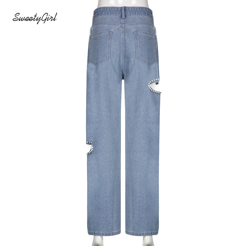 Quần Jeans Dài Lưng Cao Màu Sắc Trơn Đính Ngọc Trai Xinh Xắn Dành Cho Nữ