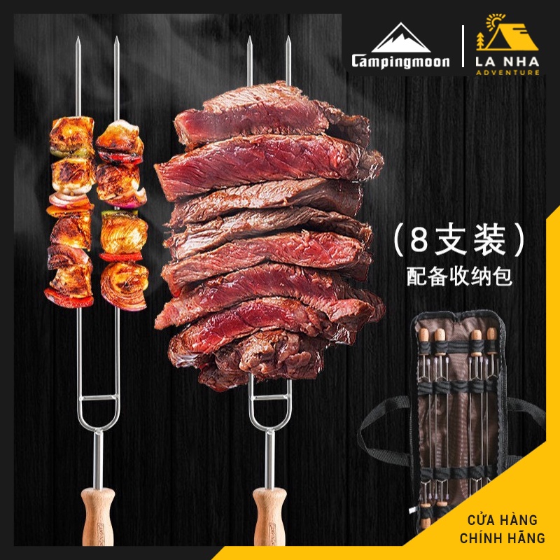 Set 8 cây Xiên thịt nướng BBQ Campingmoon MK-8 Là Nhà Chính hãng - inox 304, tay cầm gỗ, kèm túi đựng