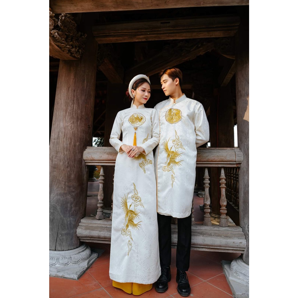ÁO DÀI CƯỚI CẶP ĐÔI NAM NỮ MÀU TRẮNG KÈM MẤN ĐÔI, ÁO DÀI CƯỚI TRUYỀN THỐNG CÔ DÂU CHÚ RỂ ĐẸP CAO CẤP