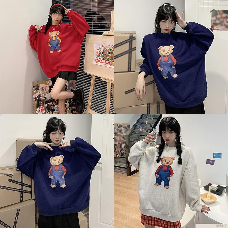 Áo nỉ nữ dài tay cổ tròn in hình hoạt hình dễ thương