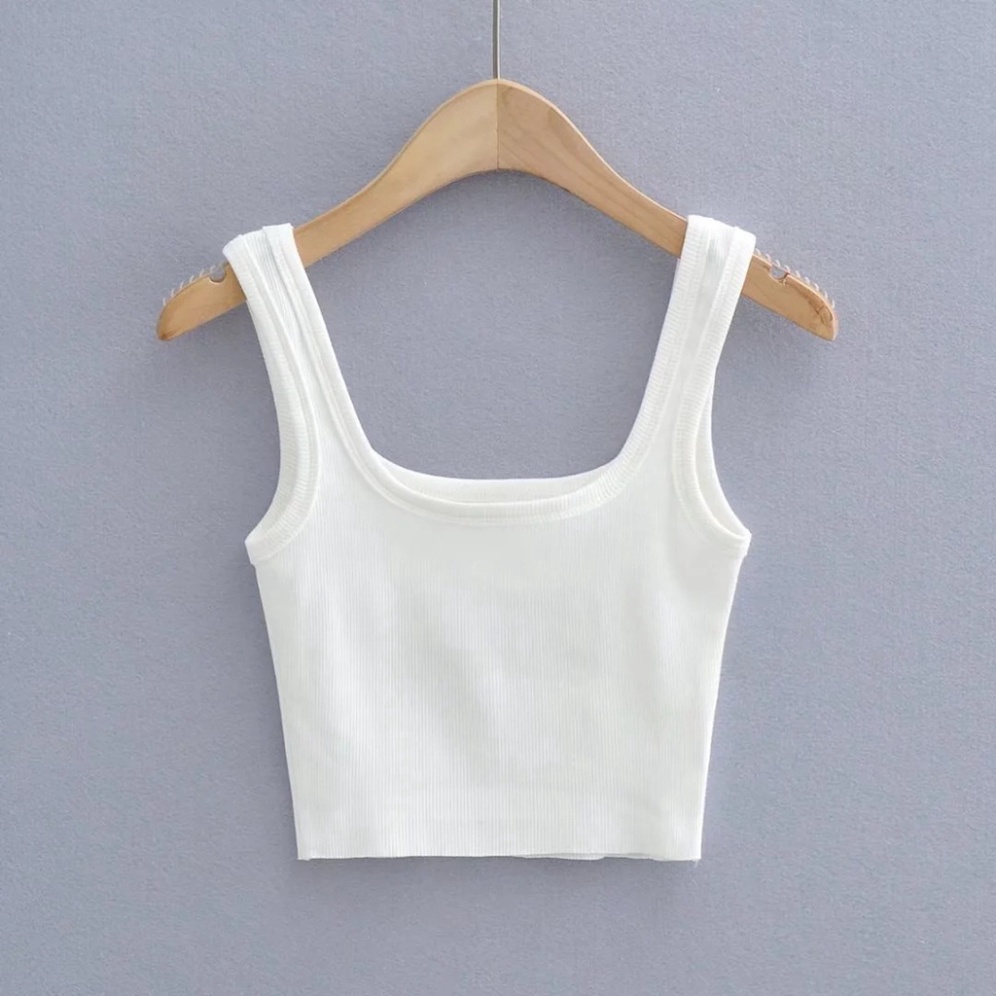 Áo ba lỗ croptop cổ tròn sâu chất vải bo gân co dãn màu trắng / màu đen CRA058 - PYENSTORE