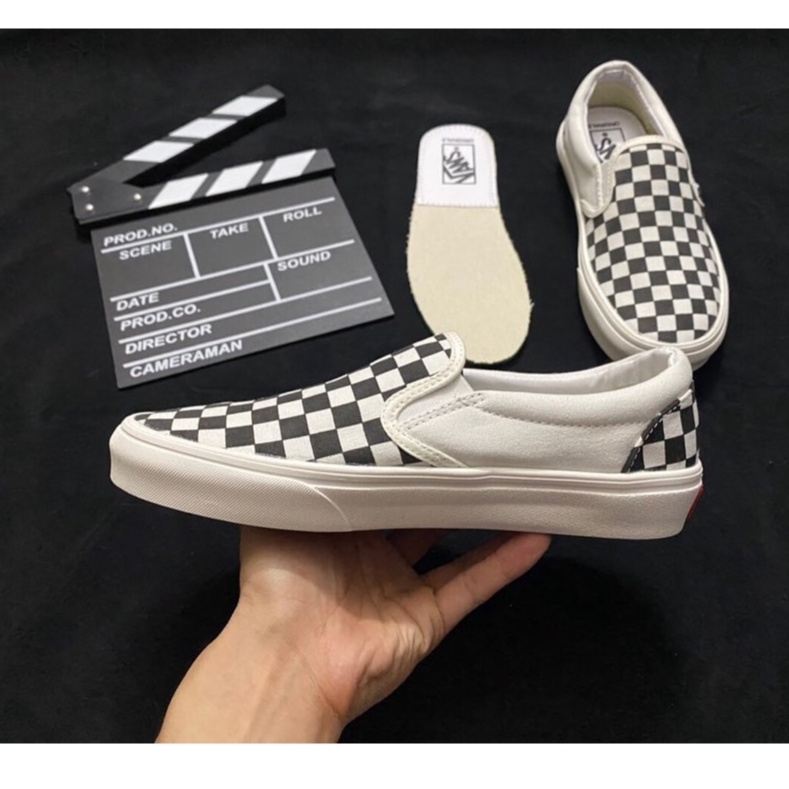 Giày Nam Nữ Vans Classic Lười Không Dây, Vans Caro Đen Trắng Full Box Bill
