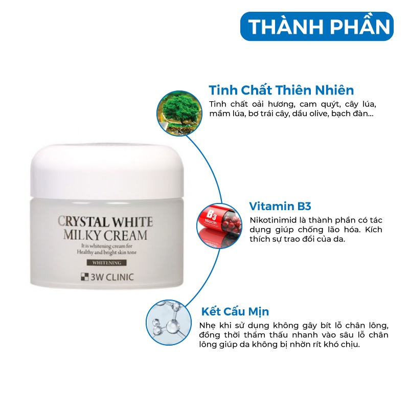 Kem trắng da - Kem dưỡng da 3W Clinic Crystal White Milky Cream 50gr [ Chính Hãng Hàn Quốc]